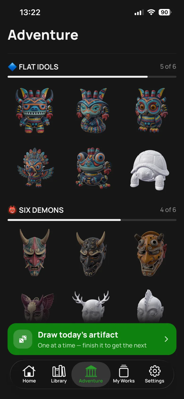 The Adventure tab showing the Flat Idols hall at 5 of 6 and Six Demons at 4 of 6, colored figures next to blank white ones, and a Draw today's artifact button.
