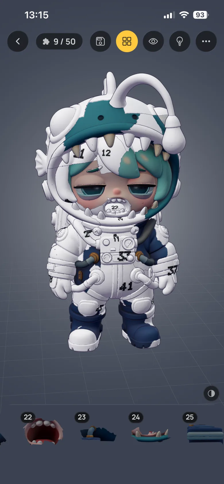 Color by number in 3D: an astronaut model at 9 of 50, every empty slot stamped with a number and the tray showing numbered pieces 22 to 25.