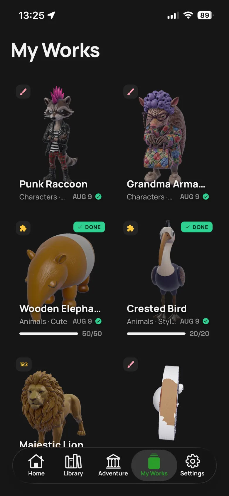The My Works gallery with finished pieces: a punk raccoon, a grandma armadillo, a wooden elephant marked 50 of 50 done and a crested bird at 20 of 20.